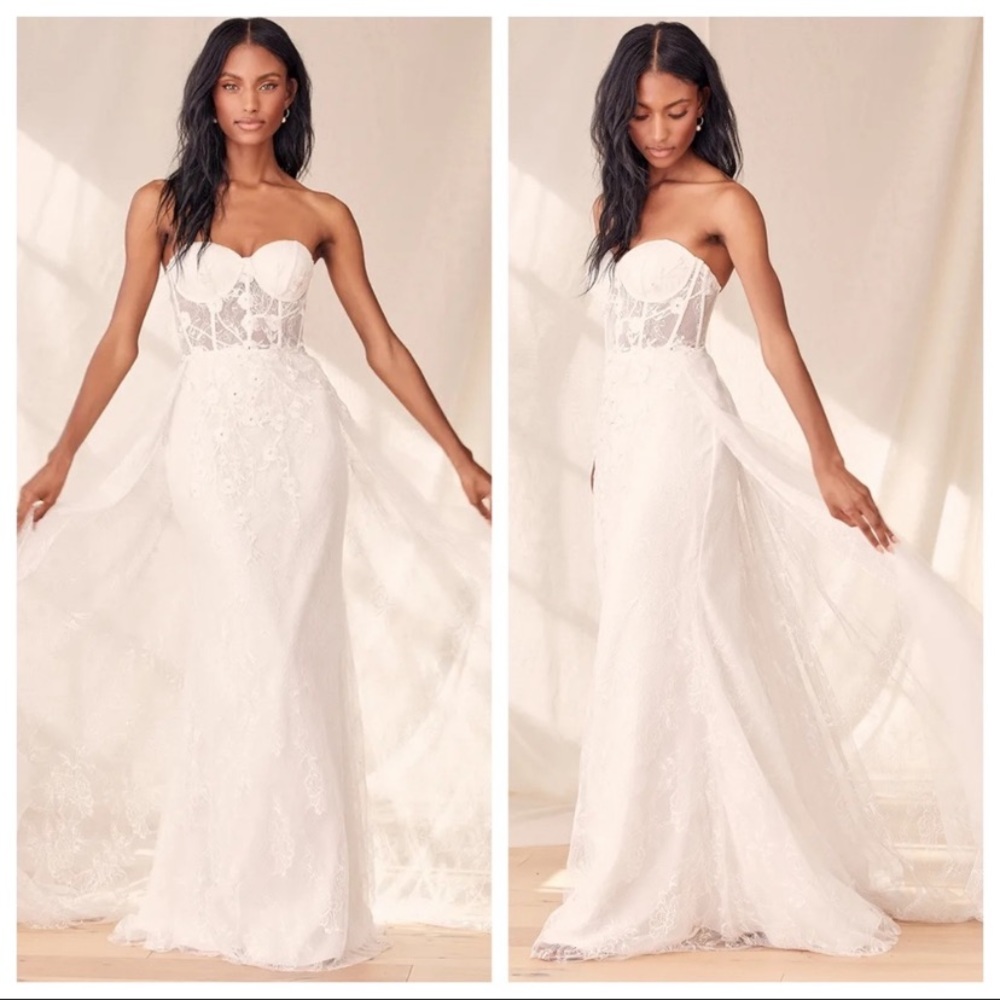 NWOT Lulus Luxe Elegance White Lace Embroidered Rhinestone Strapless Maxi Dress - Picture 4 of 17